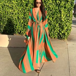 Boho Print Colorful striped Beach coverup wrap kimono robe dress